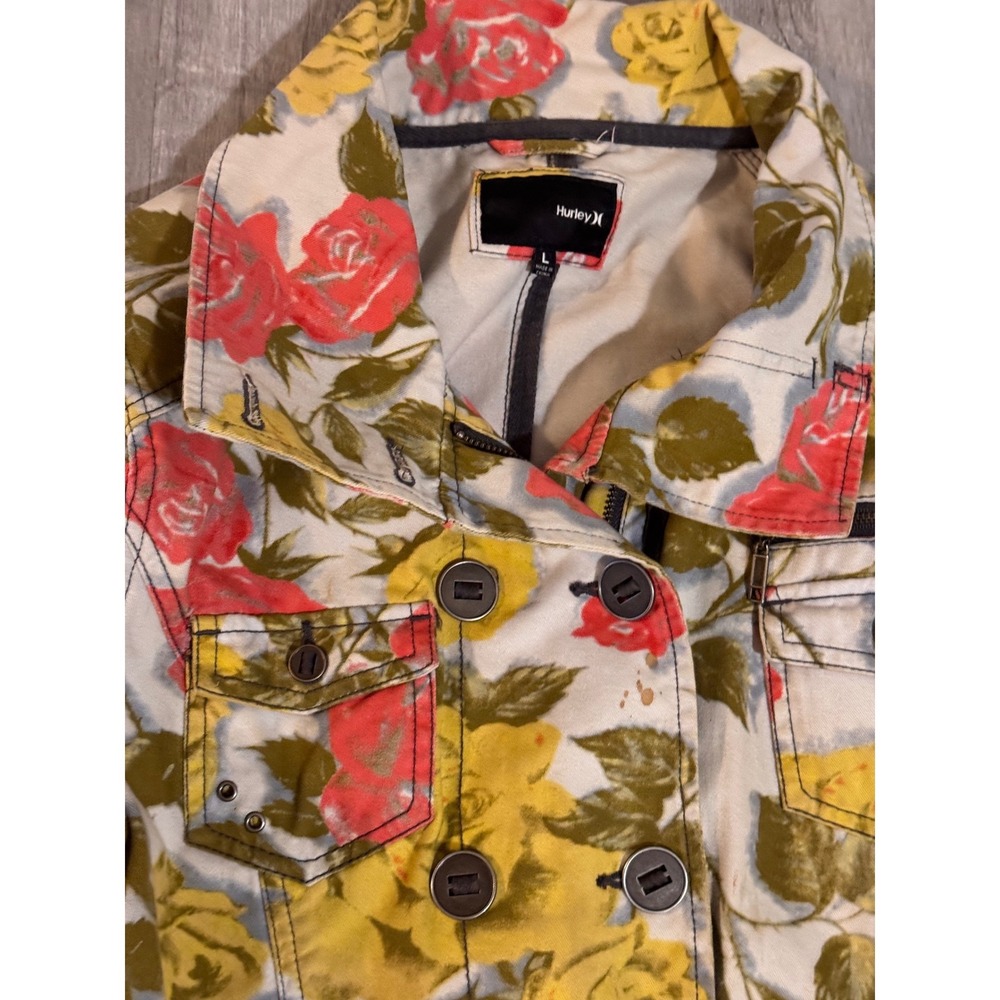 Hurley Womens Floral Denim Jacket Red Yellow Rose Double Breasted Utility Coat L - Picture 3 of 6